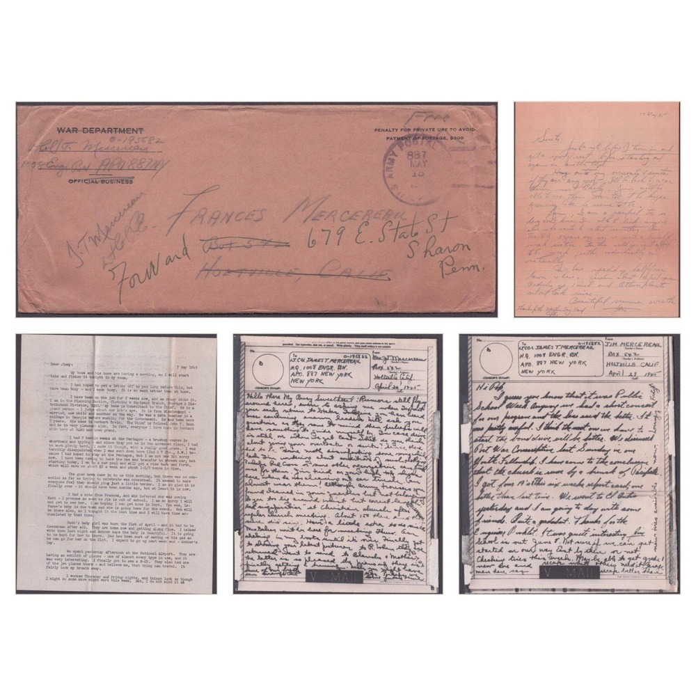 WWII 1945 War Department Envelope V-Mail Handwritten Letters Lt Col Mercereau